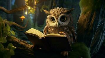 an owl reading on a tree photo