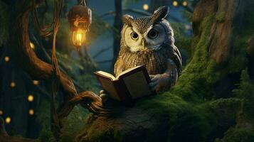 an owl reading on a tree photo