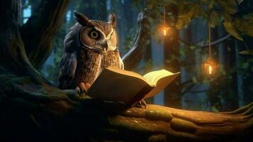 an owl reading on a tree photo