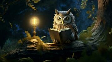 an owl reading on a tree photo