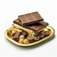 chocolate bars on a golden plate style food photograph photo