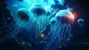 hd wallpaper neon glowing azure jellyfish frozen photo