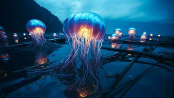 hd wallpaper neon glowing azure jellyfish frozen photo