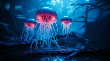 hd wallpaper neon glowing azure jellyfish frozen photo