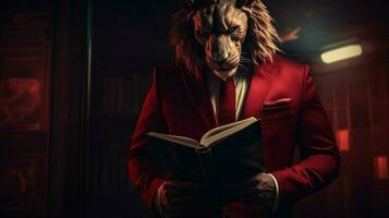 lion with a human body physique wearing suit photo