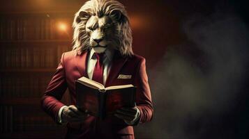 lion with a human body physique wearing suit photo