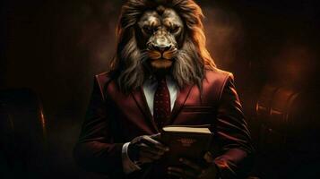 lion with a human body physique wearing suit photo