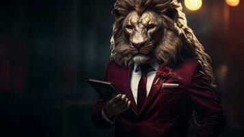 lion with a human body physique wearing suit photo