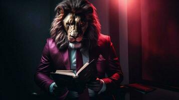 lion with a human body physique wearing suit photo