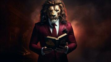 lion with a human body physique wearing suit photo