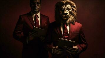 lion with a human body physique wearing suit photo