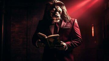 lion with a human body physique wearing suit photo