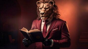 lion with a human body physique wearing suit photo