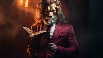 lion with a human body physique wearing suit photo