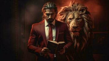 lion with a human body physique wearing suit photo