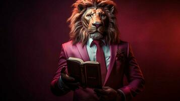 lion with a human body physique wearing suit photo