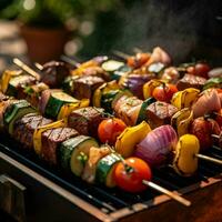 product shots of Tender cubes of beef skewered wi photo