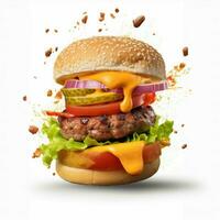 product shots of ealistic Burger with flying sepa photo