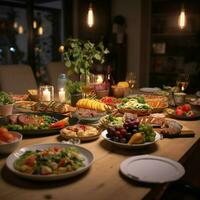 producto disparos de mesa con un un montón de bueno comida foto