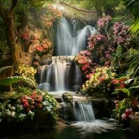 A cascading waterfall surrounded by lush greenery and flow photo