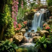 A cascading waterfall surrounded by lush greenery and flow photo