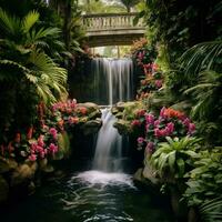 A cascading waterfall surrounded by lush greenery and flow photo