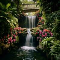 un cascada cascada rodeado por lozano verdor y fluir foto