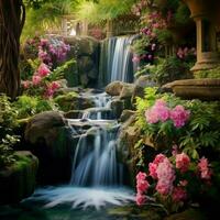 A cascading waterfall surrounded by lush greenery and flow photo