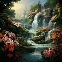 A cascading waterfall surrounded by lush greenery and flow photo