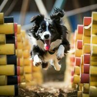 un inteligente perro completando un obstáculo curso foto