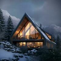 A cozy cabin nestled in a snowy mountainous landscape photo