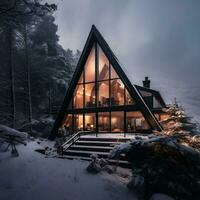 A cozy cabin nestled in a snowy mountainous landscape photo