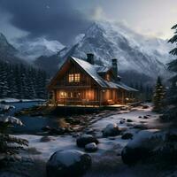 A cozy cabin nestled in a snowy mountainous landscape photo
