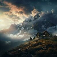 A cozy cabin surrounded by misty mountains and swirling photo