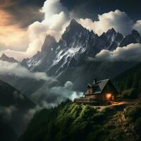 A cozy cabin surrounded by misty mountains and swirling photo