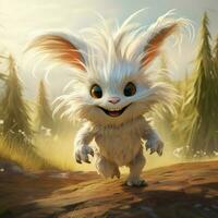 A creature with a curly fluffy tail and a joyful energetic photo