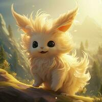 A creature with a curly fluffy tail and a joyful energetic photo