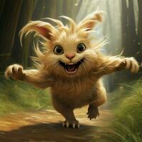 A creature with a curly fluffy tail and a joyful energetic photo