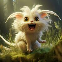 A creature with a curly fluffy tail and a joyful energetic photo