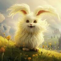 A creature with a curly fluffy tail and a joyful energetic photo