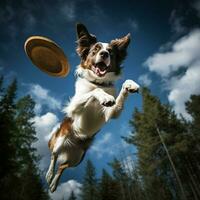 un dinámica perro atrapando un frisbee aire foto