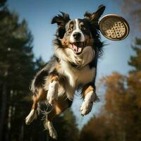 un dinámica perro atrapando un frisbee aire foto