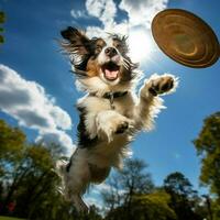 un dinámica perro atrapando un frisbee aire foto