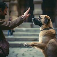 A friendly dog offering a paw for a handshake photo