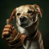 A friendly dog offering a paw for a handshake photo