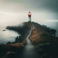 un amable niebla envolvente un solitario faro por el mar foto