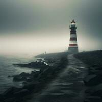 A gentle fog enveloping a lonely lighthouse by the sea photo