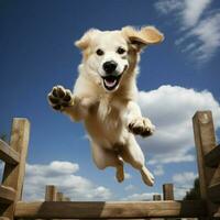 un agraciado perro saltando terminado obstáculos foto