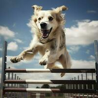 A graceful dog leaping over obstacles photo