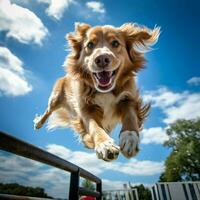 A graceful dog leaping over obstacles photo